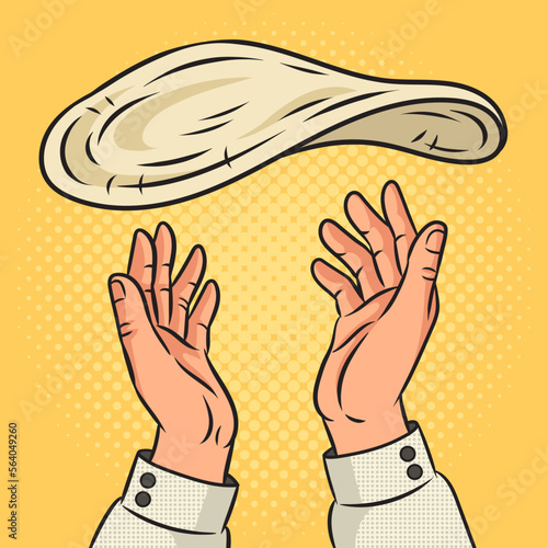 Pizza dough flying and pizzaiolo hands pinup pop art retro vector illustration. Comic book style imitation.
