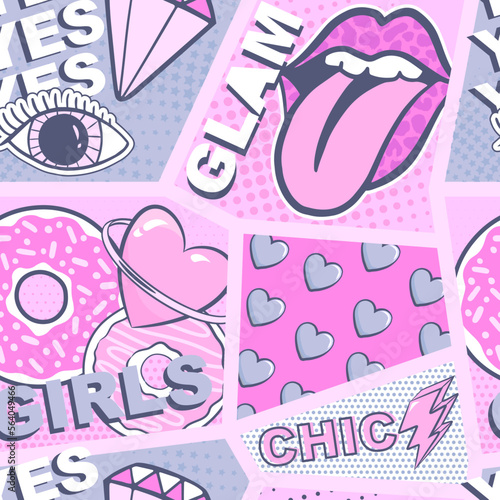Fashion abstract seamless pattern with patch, stickers, lips, donut and slogan words. Cool background on comics style for teen girl 90-s