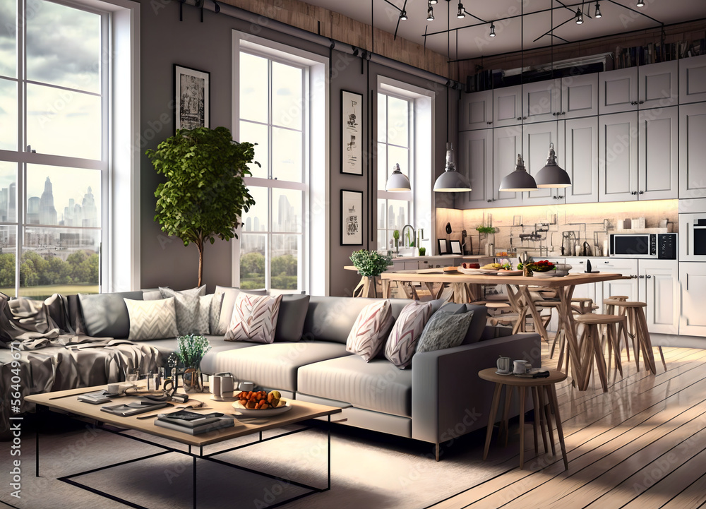 Image showcasing Open plan kitchen and living room with a modern and minimalist interior ...