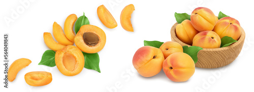 Fototapeta Naklejka Na Ścianę i Meble -  apricot fruit with half and slices isolated on white background. Top view. Flat lay