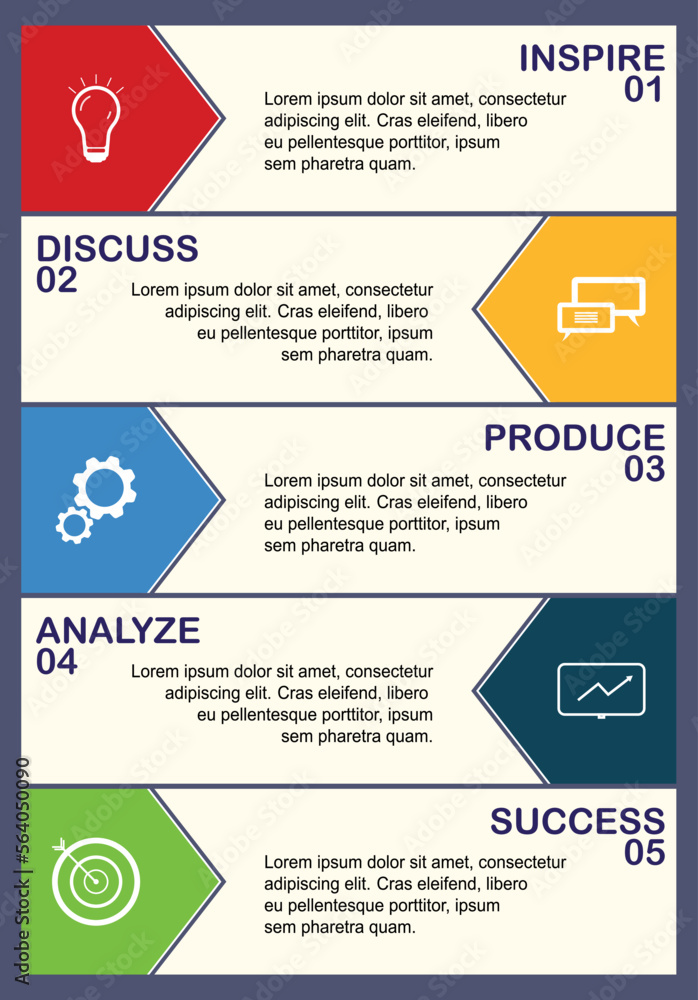 Business infographic of 5 consecutive steps to implement a successful project. Template with place for text. Cut-off and tear-off coupons Business infographic of 5 consecutive steps to implement a successful project. Template with place for text. Cut-off and tear-off coupons