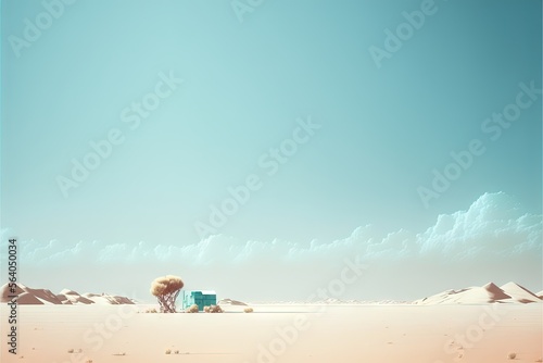  a person sitting on a beach with a blue box in the sand and a sky background with clouds in the distance and a blue box in the sand area with a blue sky. Generative AI 
