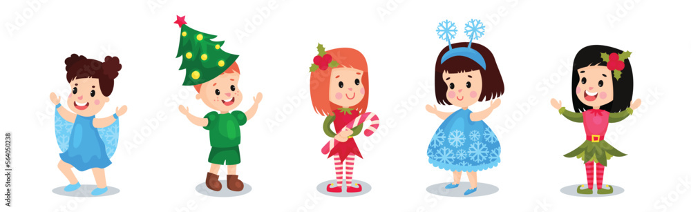 Cute Kids Character Wearing Christmas Costume Vector Set Cute Kids Character Wearing Christmas Costume Vector Set