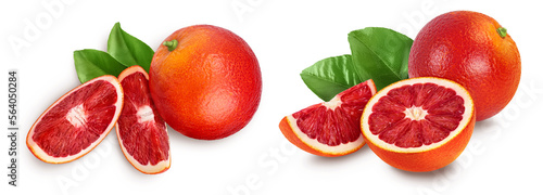 Blood red oranges isolated on white background. Top view. Flat lay