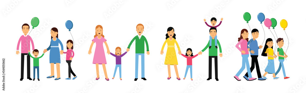 Fototapeta premium Family with Parents and Kids Spending Time Together Vector Set