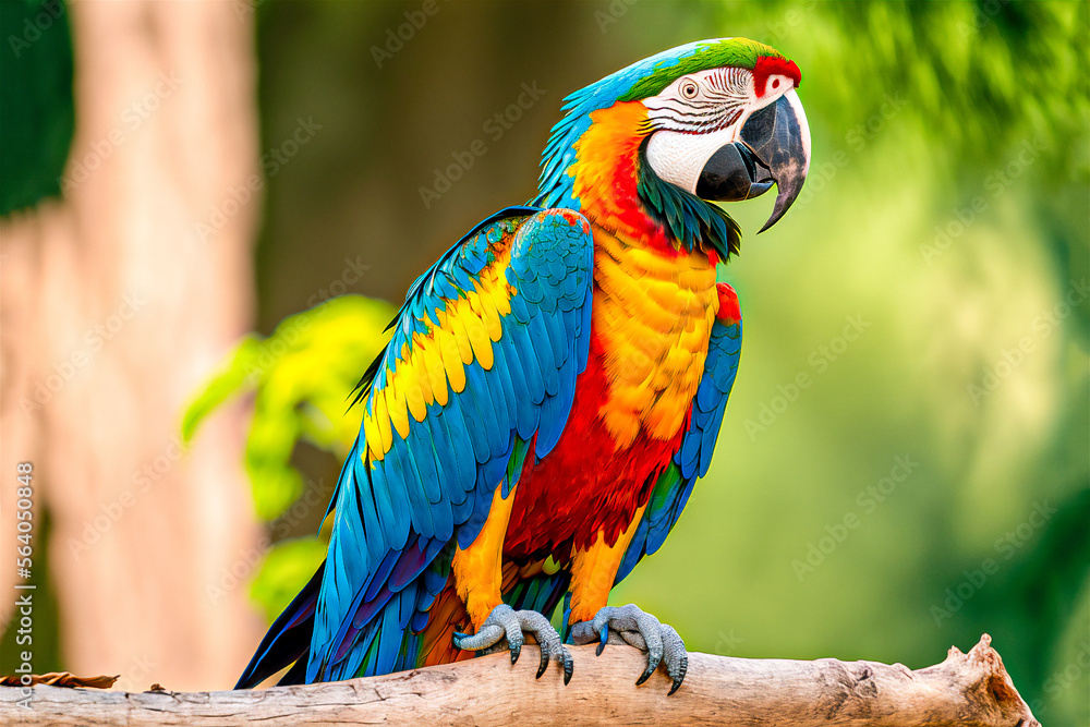 colorful macaw tropical bird on tree branch blurred background