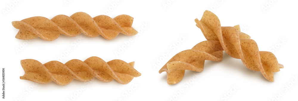 Wolegrain fusilli pasta from durum wheat isolated on white background with full depth of field. Top view. Flat lay. Wolegrain fusilli pasta from durum wheat isolated on white background with full depth of field. Top view. Flat lay.