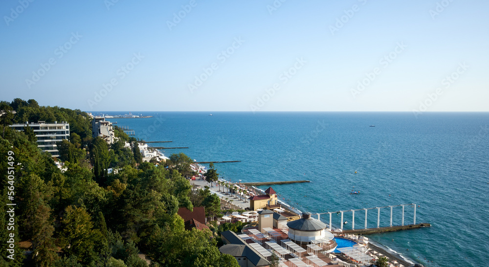 August 21, 2022, Sochi, Russia. Embankment of the Black Sea and the beach in Sochi