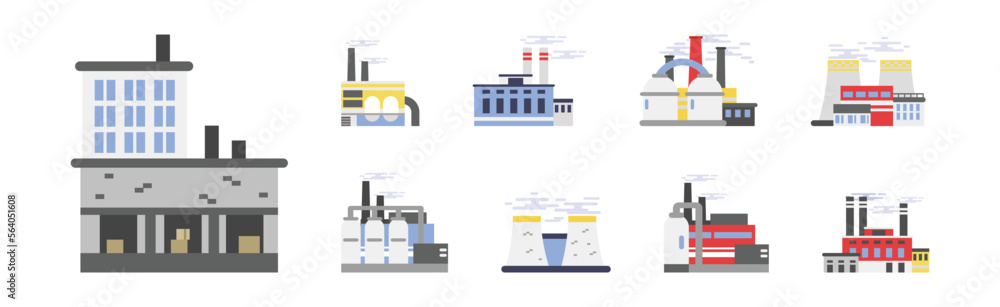 Obraz premium Industrial Plant and Manufacturing with Towers Emitting Smoke Vector Set