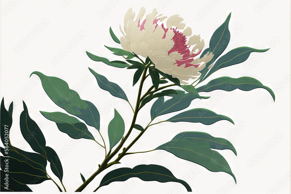  a white and pink flower with green leaves on a white background with a white frame around it and a white background with a white border around flower and green leaves and pink center. Generated AI