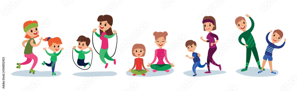 Parents and Kids Doing Sport Together Vector Set