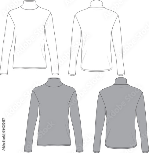 Mock neck long sleeve t-shirt fashion flat sketch template mock-up technical illustration	
