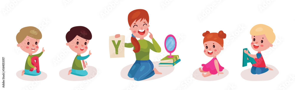 Smiling Female Teacher Sitting on the Floor Showing Letter Card to Little Kids Vector Set Smiling Female Teacher Sitting on the Floor Showing Letter Card to Little Kids Vector Set