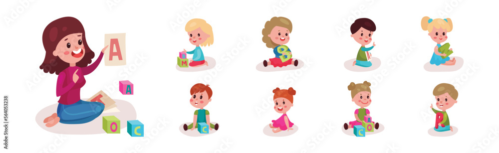 Smiling Female Teacher Sitting on the Floor Showing Letter Card to Little Kids Vector Set Smiling Female Teacher Sitting on the Floor Showing Letter Card to Little Kids Vector Set