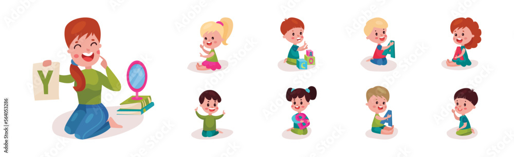 Smiling Female Teacher Sitting on the Floor Showing Letter Card to Little Kids Vector Set