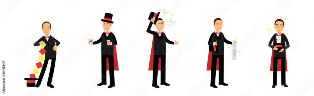 Man Magician in Black Suit and Hat Showing Magic Tricks on Stage Vector Set Man Magician in Black Suit and Hat Showing Magic Tricks on Stage Vector Set