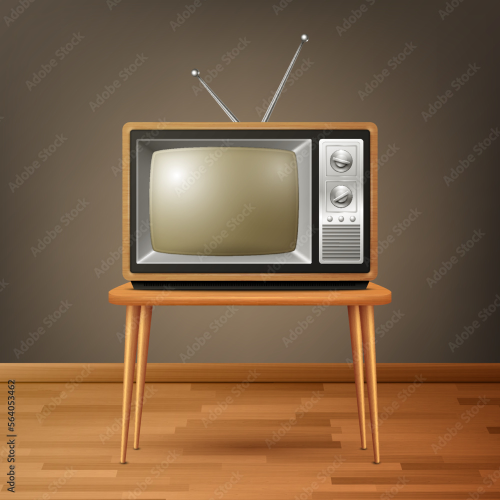 Vector 3d Realistic Brown Wooden Retro TV Receiver on Wooden Table. Home Interior Design Concept. Vintage TV Set, Television, Front View