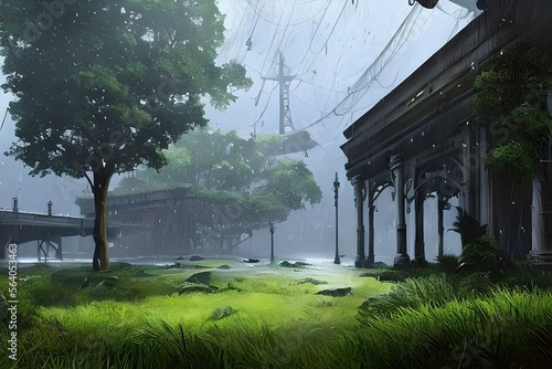 ainy Day Digital Art - A Simple Wallpaper Illustration of a Rainy Day Scene in Digital Art with a Low Contrast and Bright, Wide-Angle photo