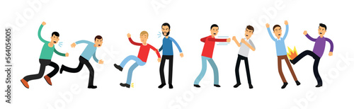 Warring Male Fighting and Yelling at Each Other Vector Illustration Set