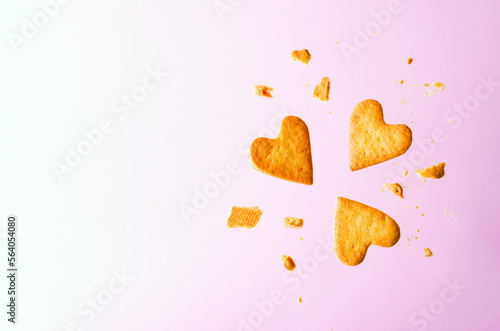 Cookies in Shape of Heart, Handmade Cookies for Valentine's Day, Mother's Day, Sweet Treat Levitating on Pink Backround