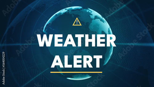 Weather Alert, Horizontal Blue Background. White Text and Yellow Shapes on Abstract Globe and Rays. Communication, Broadcasting and Risk Concept.