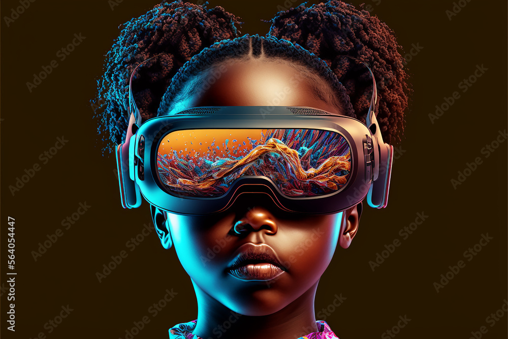 Kids and Metaverse, African girl with VR headset in fantasy world, virtual reality. Future of children, generation alpha, Metaverse, digital technology concept. Generative AI. Stock Illustration | Adobe Stock
