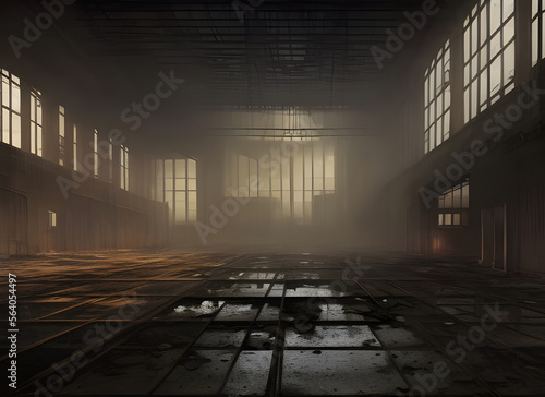 The interior of a dark large derelict deserted old factory with light from the windows reflected on the wet floor. generative ai art