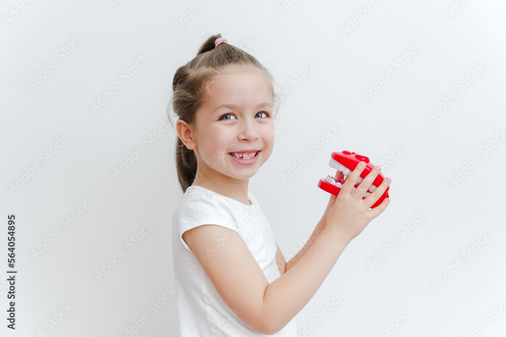Cute happy caucasian toddler girl playing with dentist. Medical stomatology. Dental, oral care,healthcare concept. White background. Cute happy caucasian toddler girl playing with dentist. Medical stomatology. Dental, oral care,healthcare concept. White background.