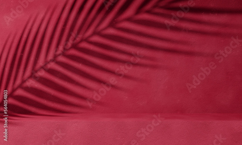 Minimal product placement background with leaves shadow on concrete texture wall. Viva Magenta toned pantone colour. Cosmetics or beauty product promotion mockup.  Aesthetic interior scene