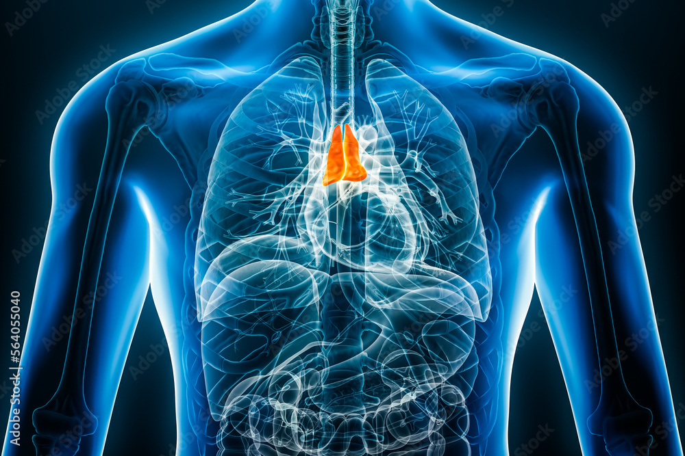 Xray thymus internal organ 3D rendering illustration with male body contours. Human anatomy, medical, biology, science, healthcare concepts. Xray thymus internal organ 3D rendering illustration with male body contours. Human anatomy, medical, biology, science, healthcare concepts.