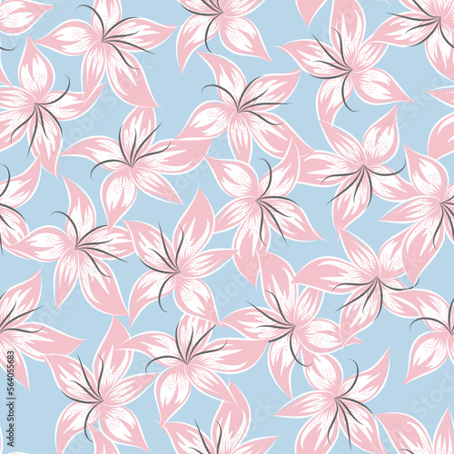 Rose flowers on blue background. Seamless pattern floral design. Vector illustration