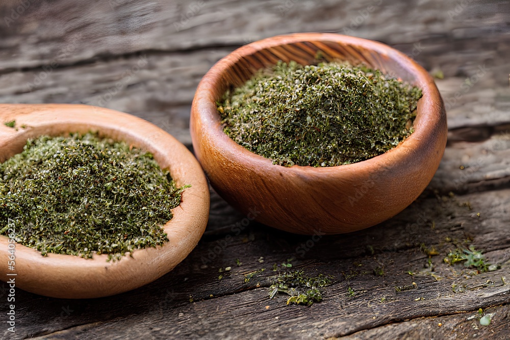 oregano dried in wooden bowl on wooden surface oregano dried in wooden bowl on wooden surface