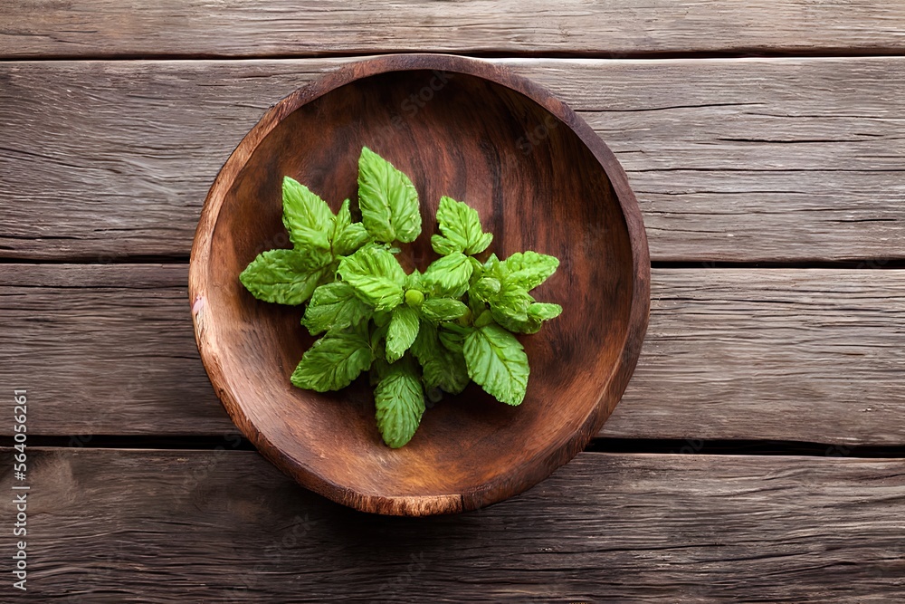 oregano fresh on wooden bowl for health, top view shot, on wooden background