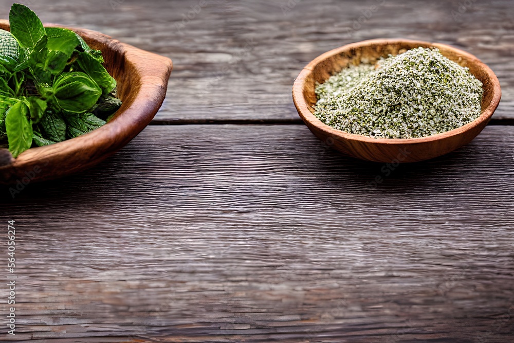 fresh and dried oregano herbs for health, in wooden bowl, wooden background surface fresh and dried oregano herbs for health, in wooden bowl, wooden background surface