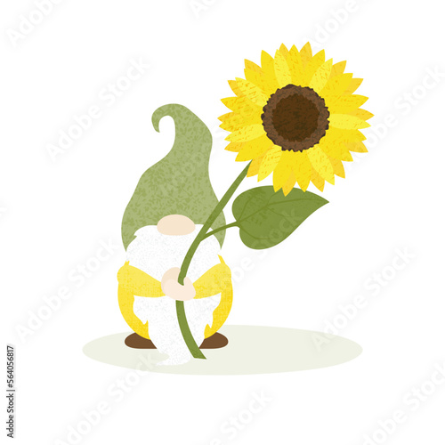 A gnome holding a sunflower, in a cut paper style with textures
