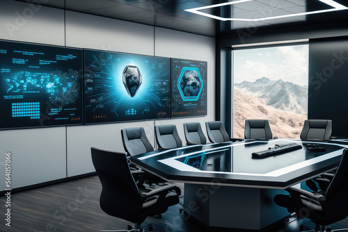 A futuristic boardroom with a large interactive touchscreen display, generative ai