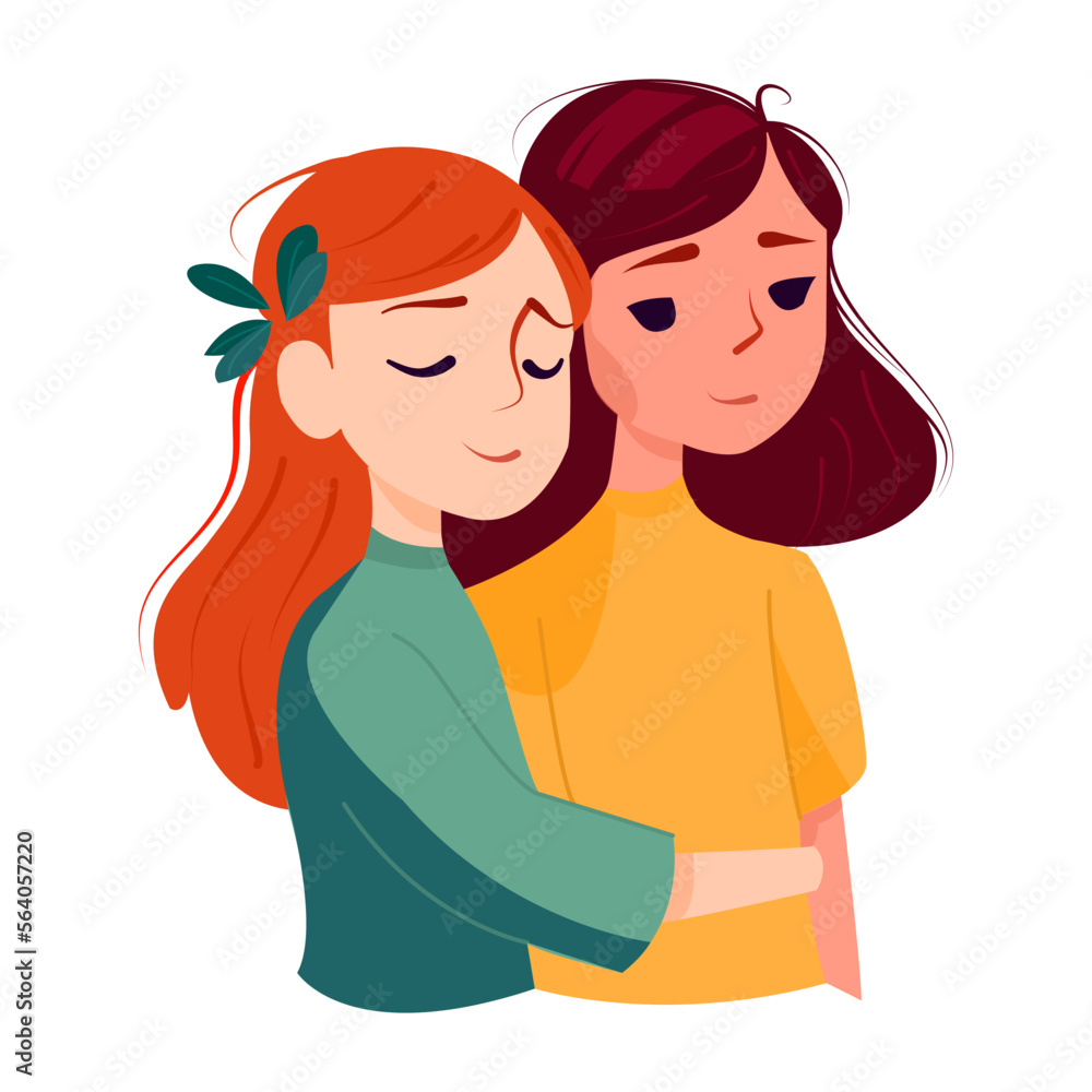Friendship and happiness. Two girls stand side by side and hug each other. Friendship and support. Flat graphic vector illustration isolated on white background