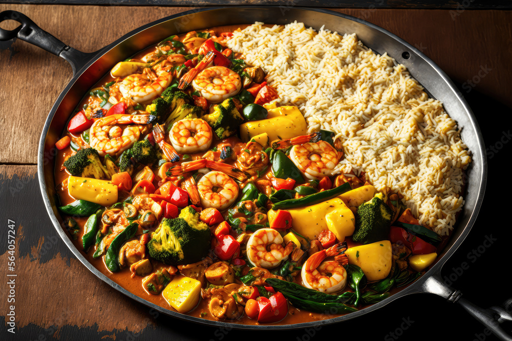 A sizzling pan of sautéed shrimp and vegetables, served over rice, generative ai A sizzling pan of sautéed shrimp and vegetables, served over rice, generative ai