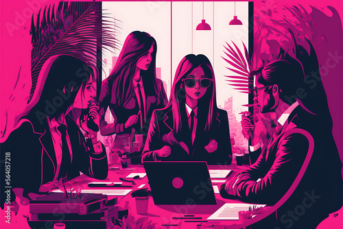 Tablou canvas fuchsia Flat vector illustration business team working collaboration and meeting