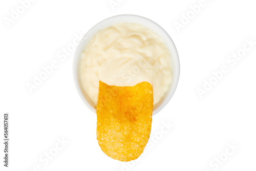 Potato chips in a cup of mayonnaise isolated on white background