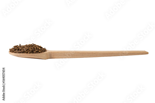 Valerian herb root on wooden spoon isolated on white background. Valeriana officinalis. used in herbal medicine as a tranquillizer and to treat insomnia, anxiety, hypertension, pain relief.