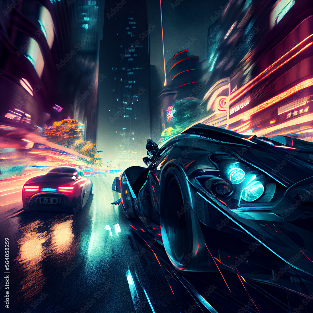 Race through the night city. Generative AI.