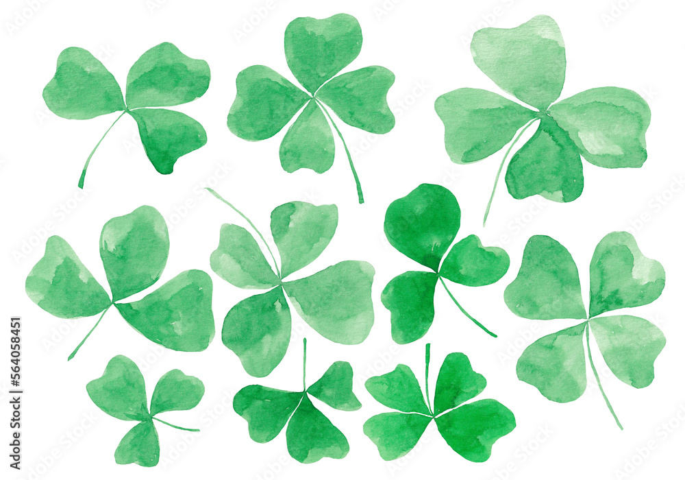 Hand drawn watercolor clover. Set of clover leaves.Saint Patrick. Spring. March 17. Spring holiday. Leprechaun. Hat. Gold. Clover. Four leaf clover. Luck. Decor set. Pattern. 