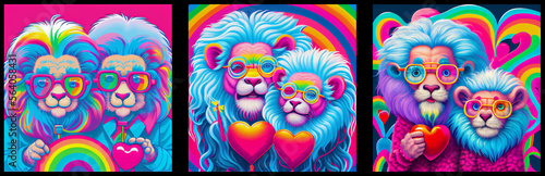 Couple of elderly multicolored lions with hearts. AI generative.