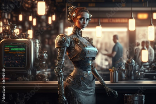 a robot cyborg waitress working in a restaurant, replacing a human, cyborg artificial intelligence robot concept