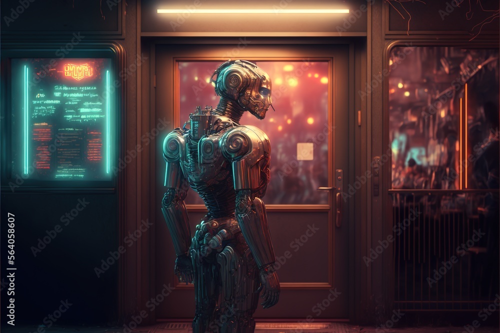 a robot cyborg security at a club, replacing a human, cyborg artificial intelligence robot concept