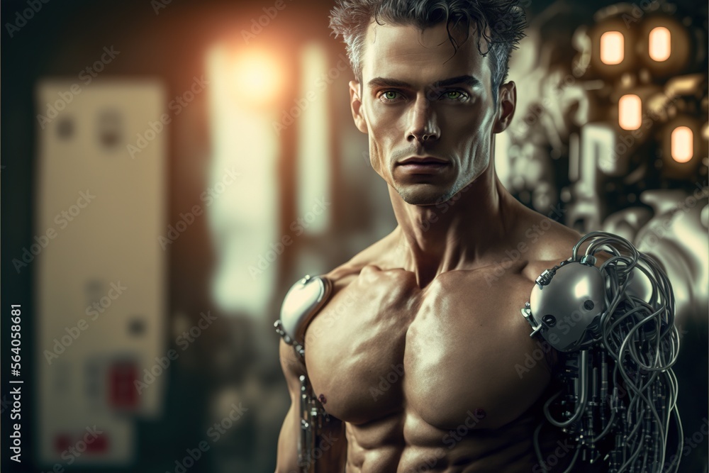 A portrait of a man half human half robot, concept, artificial