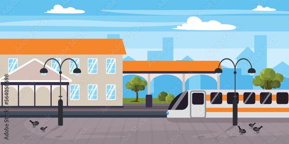 Vector illustration of a beautiful railway station. Cartoon urban buildings with station, train, boarding platforms, lanterns, birds and the city in the background.