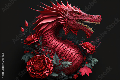Dragon's Origami: A Chinese Craft of Colorful Flower Dragon. Generative AI © zzzz17