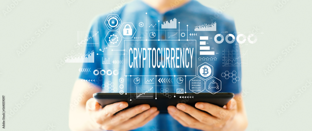 Foto Cryptocurrency theme with man using a tablet